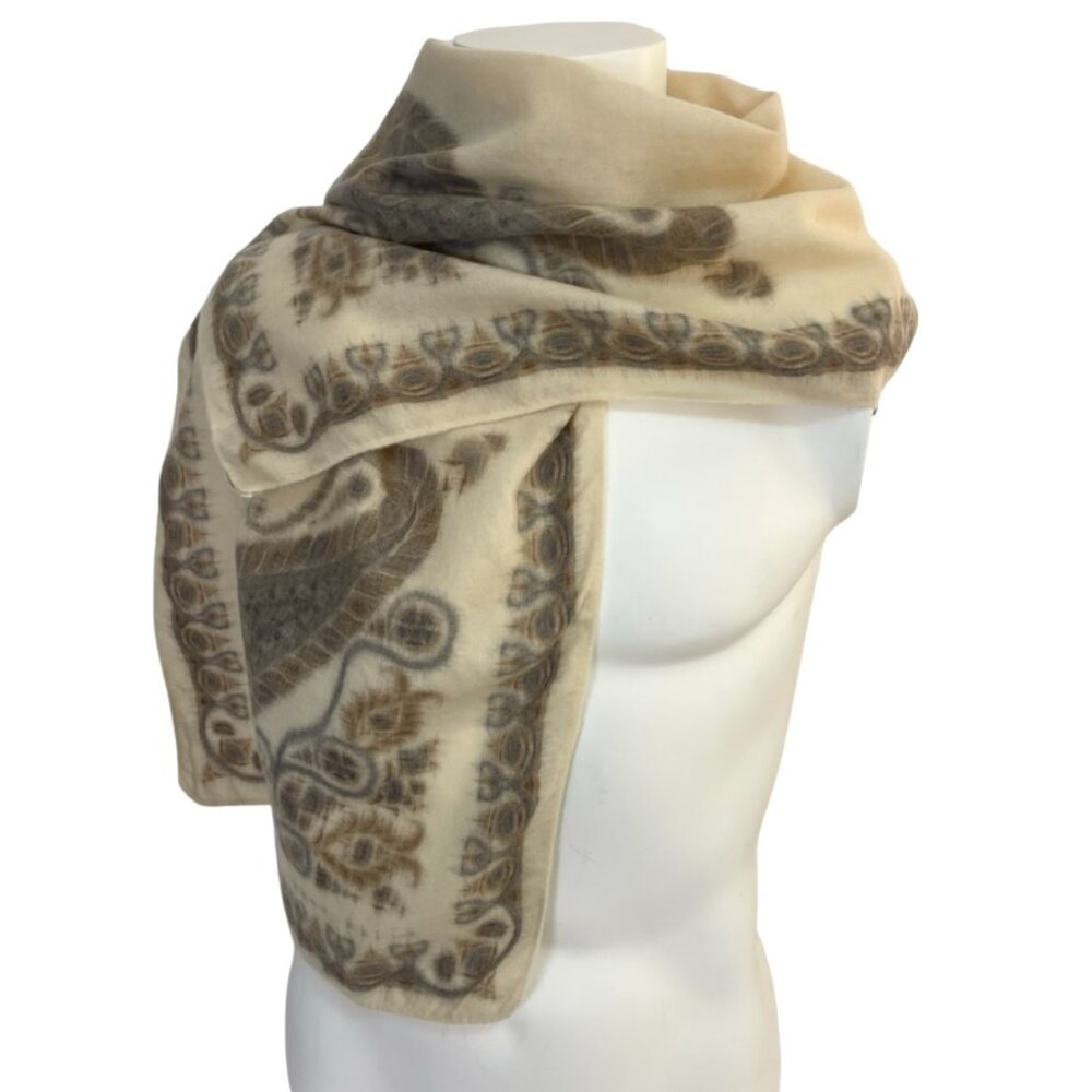 Vintage Perry Ellis Wool Paisley Scarf Made in Japan Cream Brown Designer Wrap